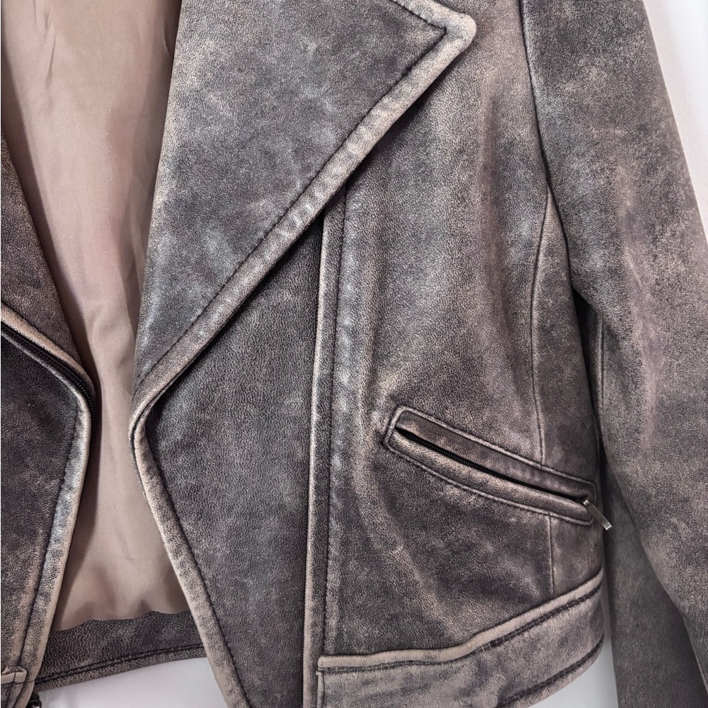 Kenneth Cole Distressed Taupe Gray leather Moto Jacket - Picture 2 of 6
